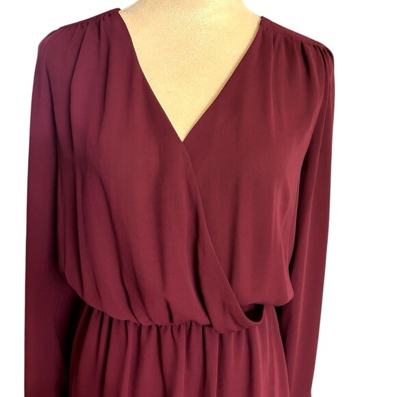 Cache Burgundy Wrap V Neck Back Long Sleeves Elastic Waist Mini Dress Sz S - Picture 3 of 12